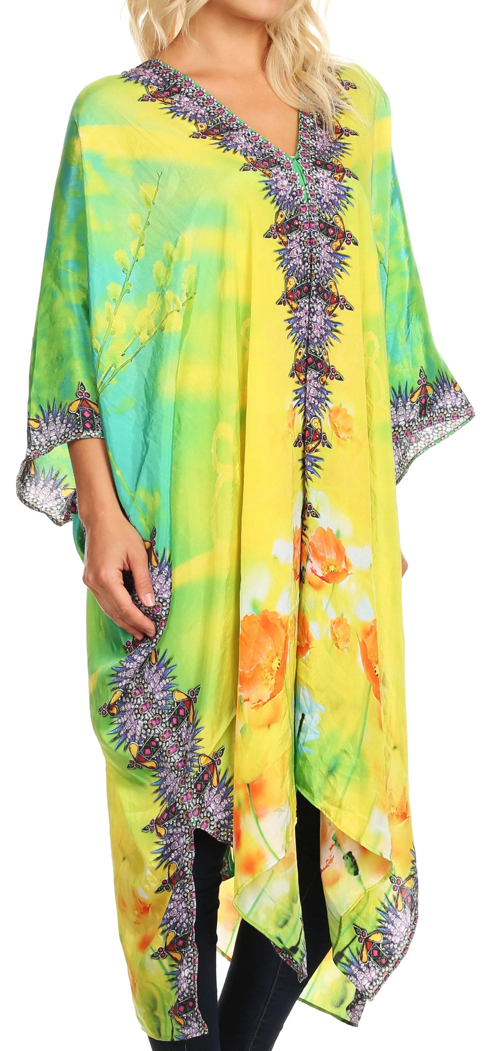 Sakkas Alvita Women's V Neck Beach Dress Top Caftan Cover up with Rhinestones