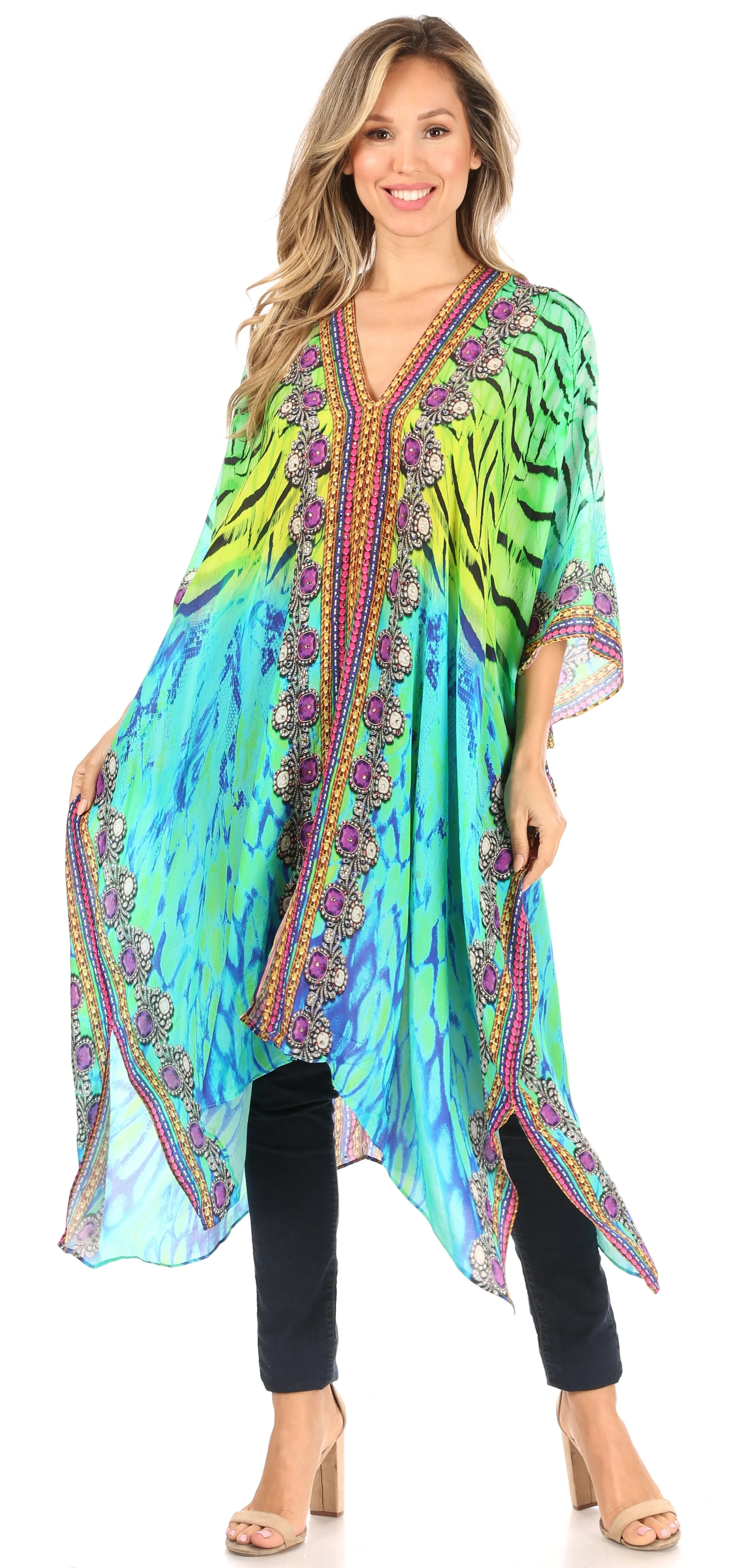 Sakkas Alvita Women's V Neck Beach Dress Top Caftan Cover up with Rhinestones