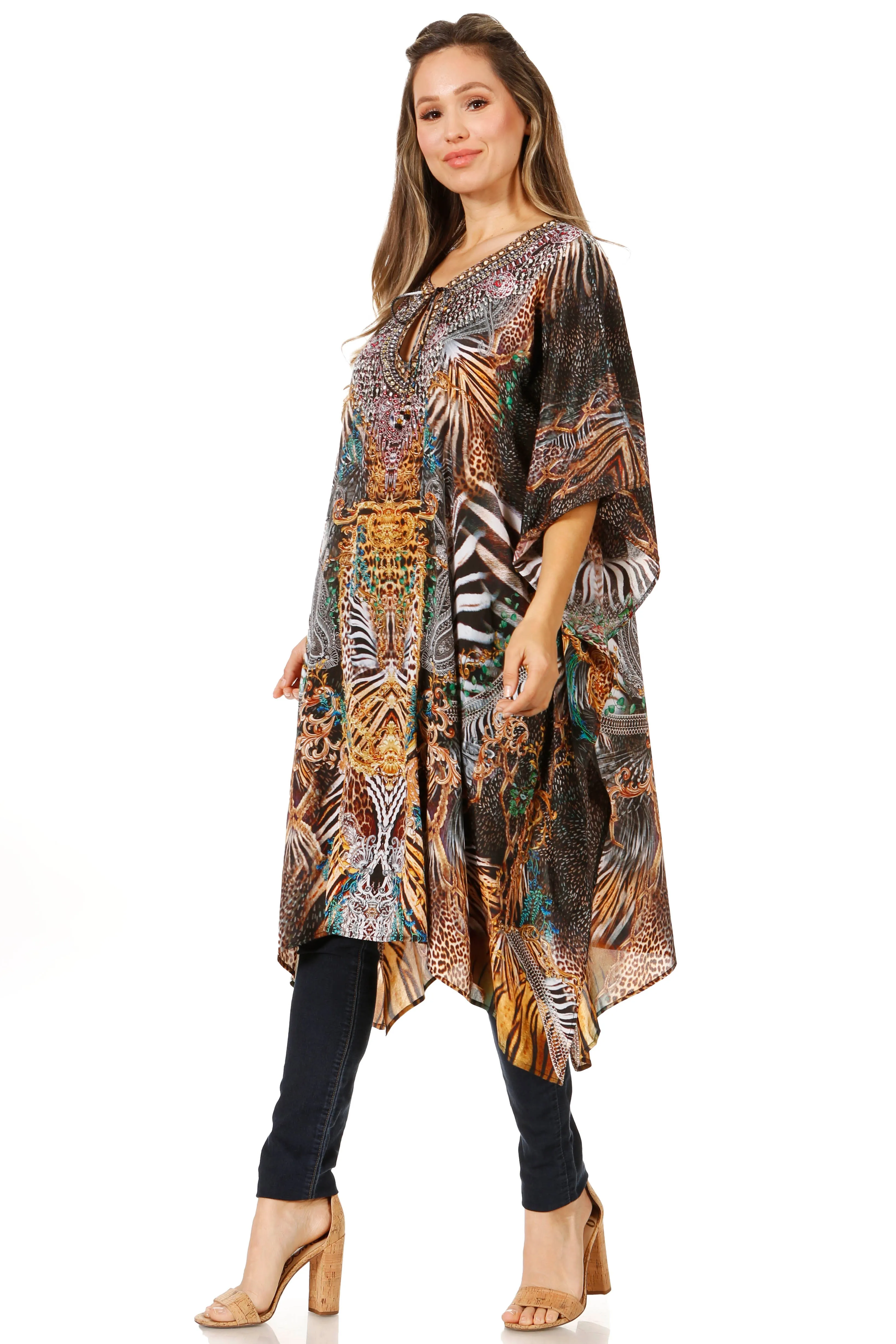 Sakkas Jenni Women's Mid Length Boho Caftan Kaftan Dress Cover up Flowy Rhinestone