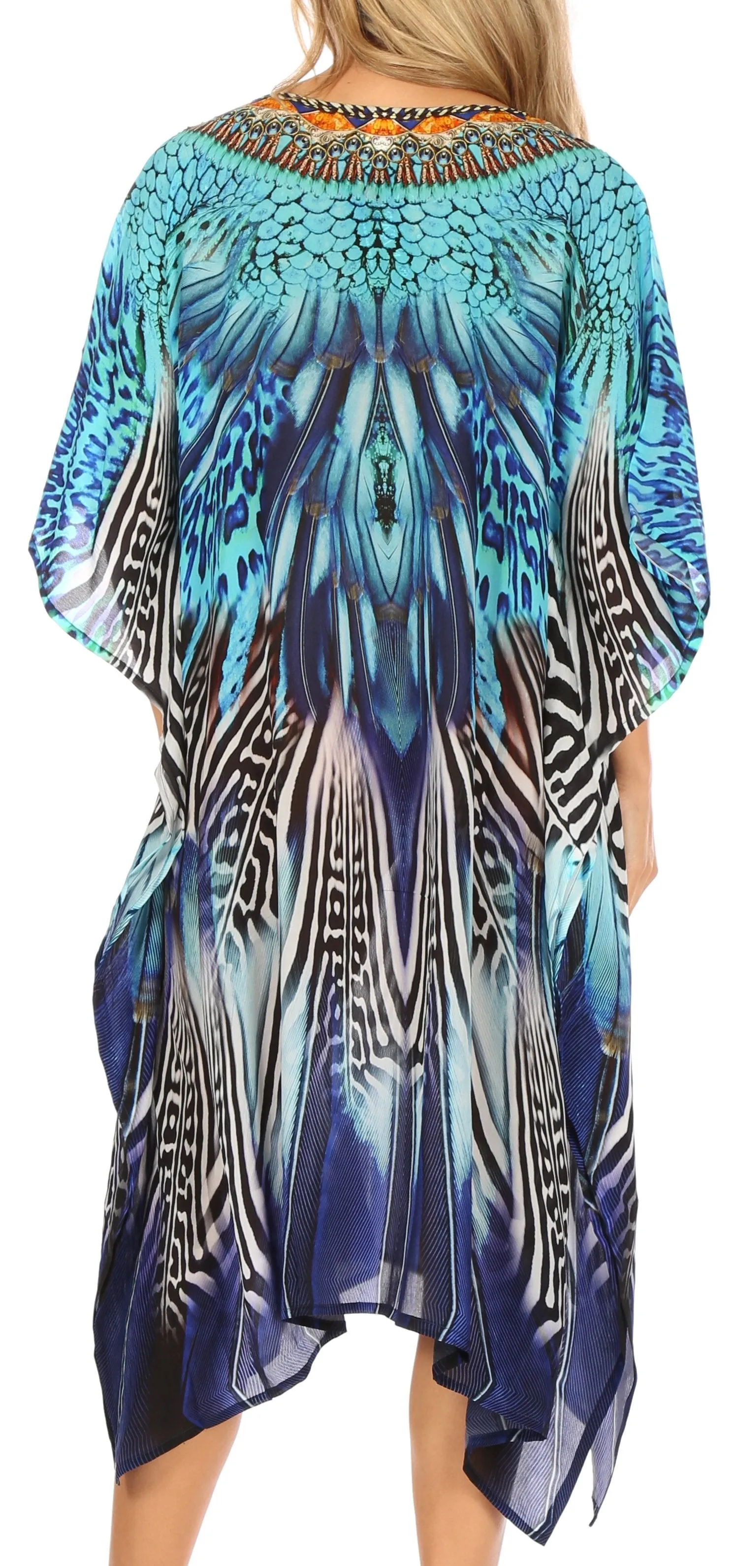 Sakkas Jenni Women's Mid Length Boho Caftan Kaftan Dress Cover up Flowy Rhinestone