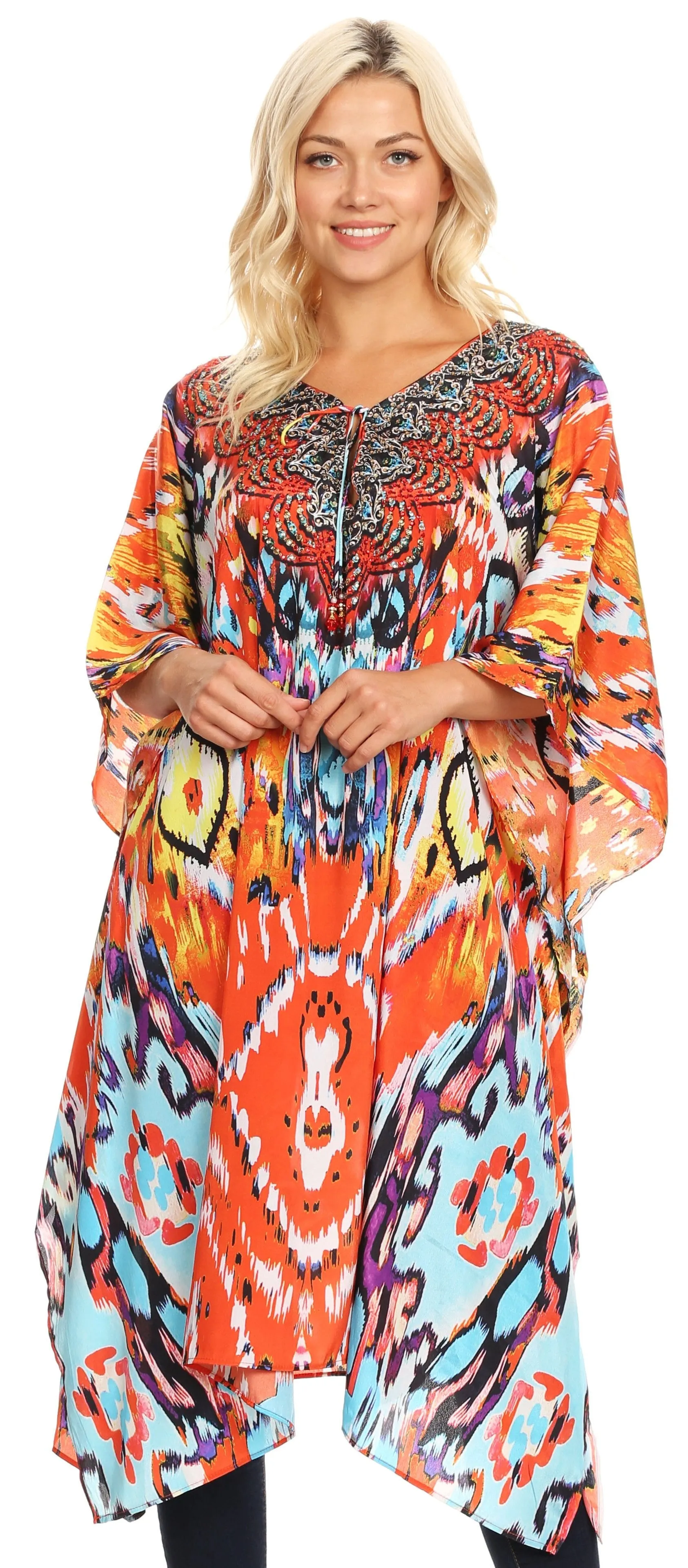 Sakkas Jenni Women's Mid Length Boho Caftan Kaftan Dress Cover up Flowy Rhinestone