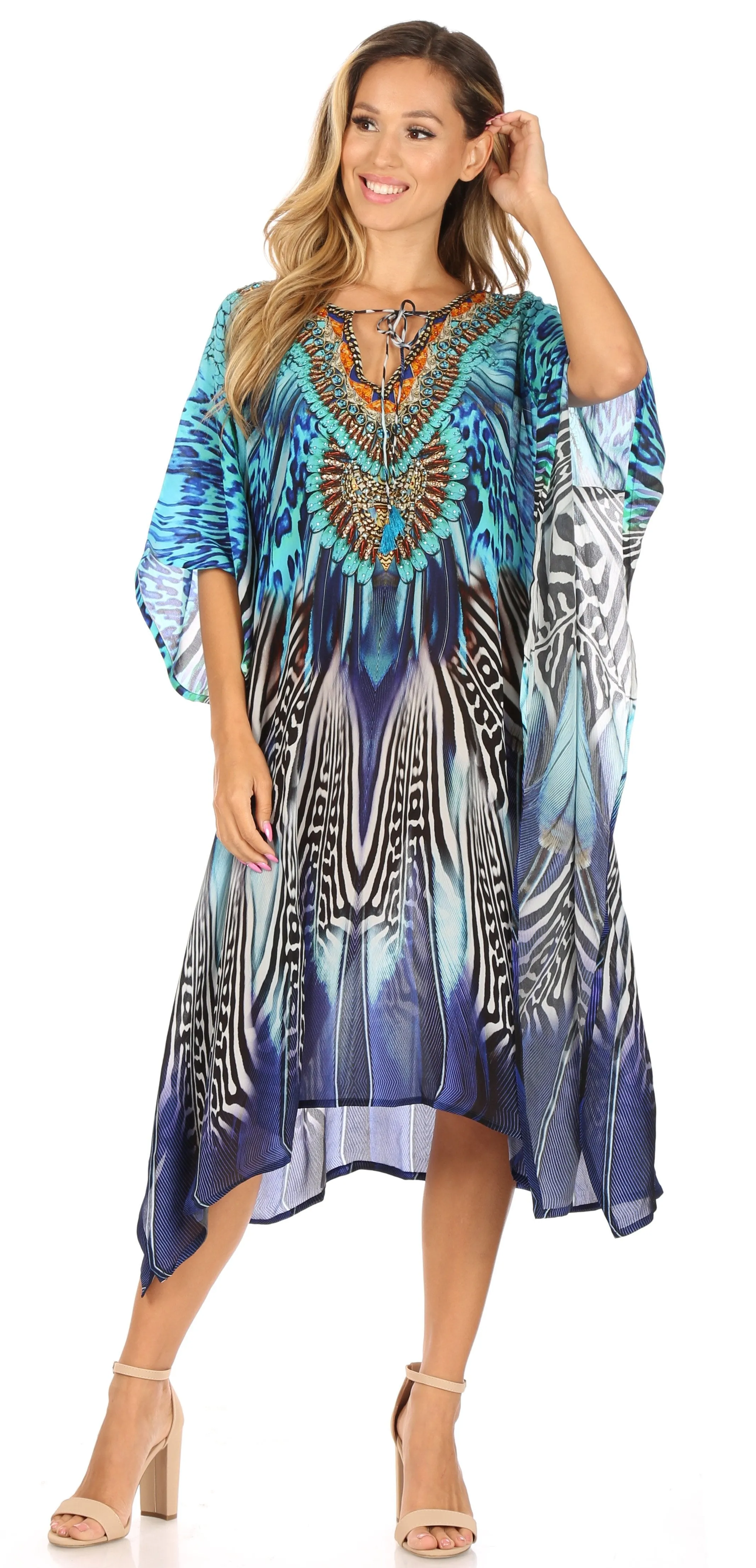 Sakkas Jenni Women's Mid Length Boho Caftan Kaftan Dress Cover up Flowy Rhinestone