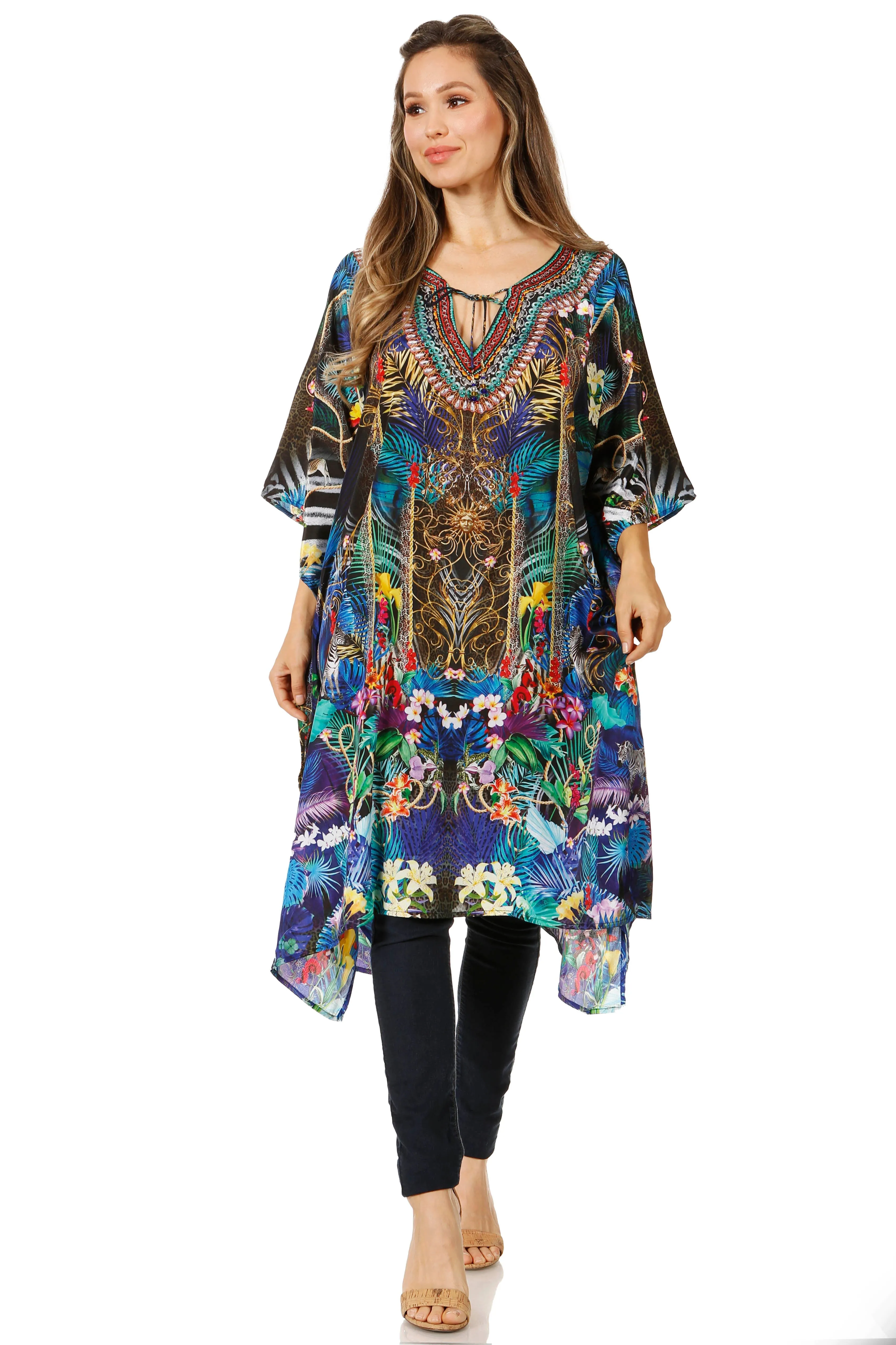 Sakkas Jenni Women's Mid Length Boho Caftan Kaftan Dress Cover up Flowy Rhinestone