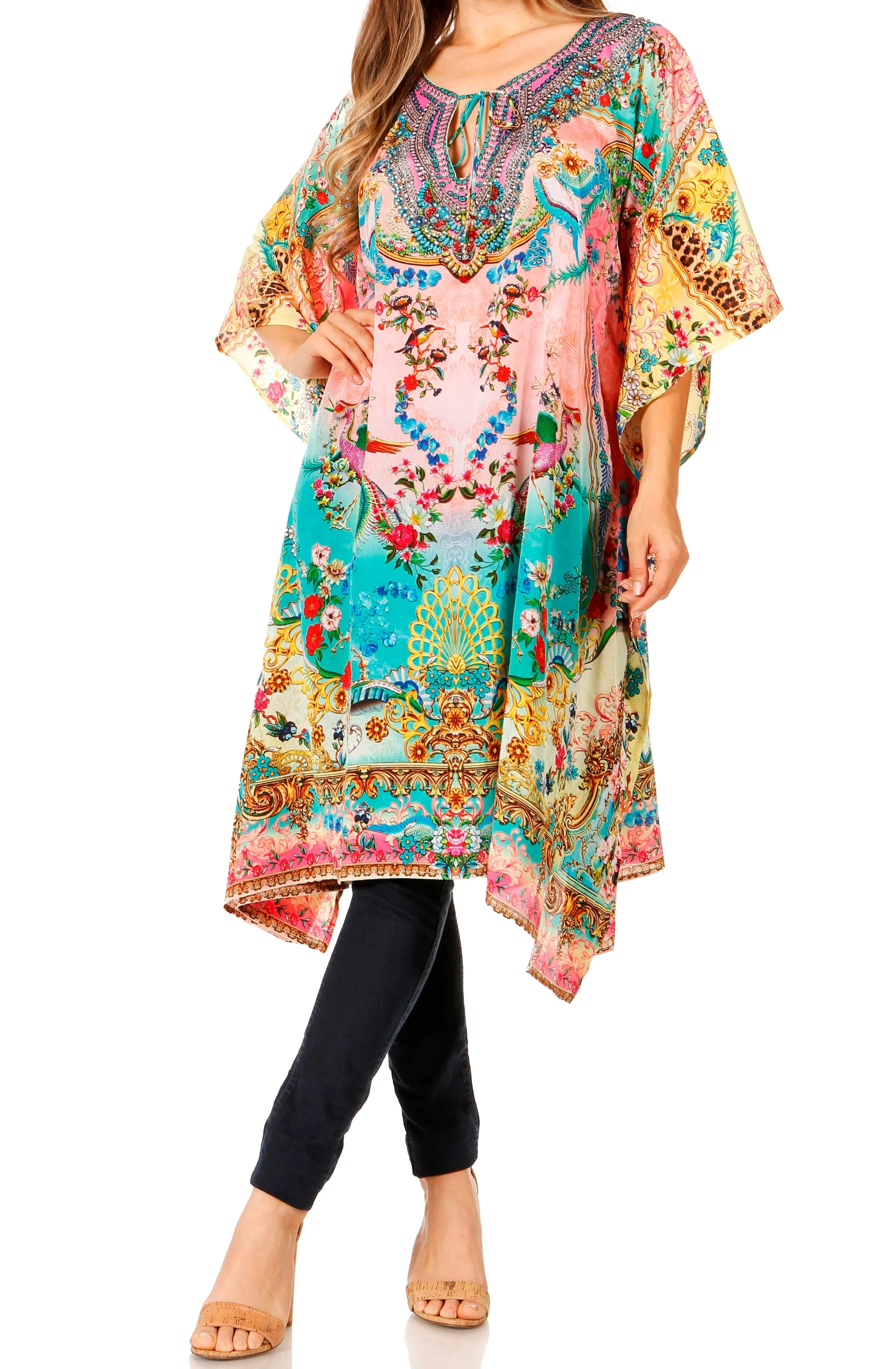 Sakkas Jenni Women's Mid Length Boho Caftan Kaftan Dress Cover up Flowy Rhinestone