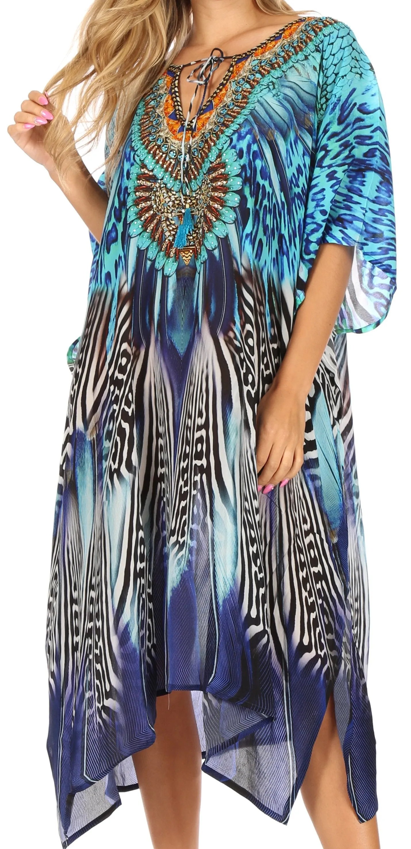 Sakkas Jenni Women's Mid Length Boho Caftan Kaftan Dress Cover up Flowy Rhinestone