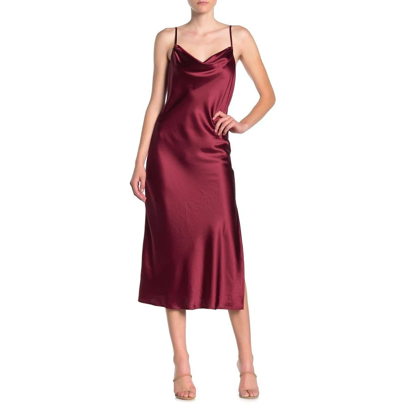 Satin Cowl Neck Slip Midi Burgundy Red Dress