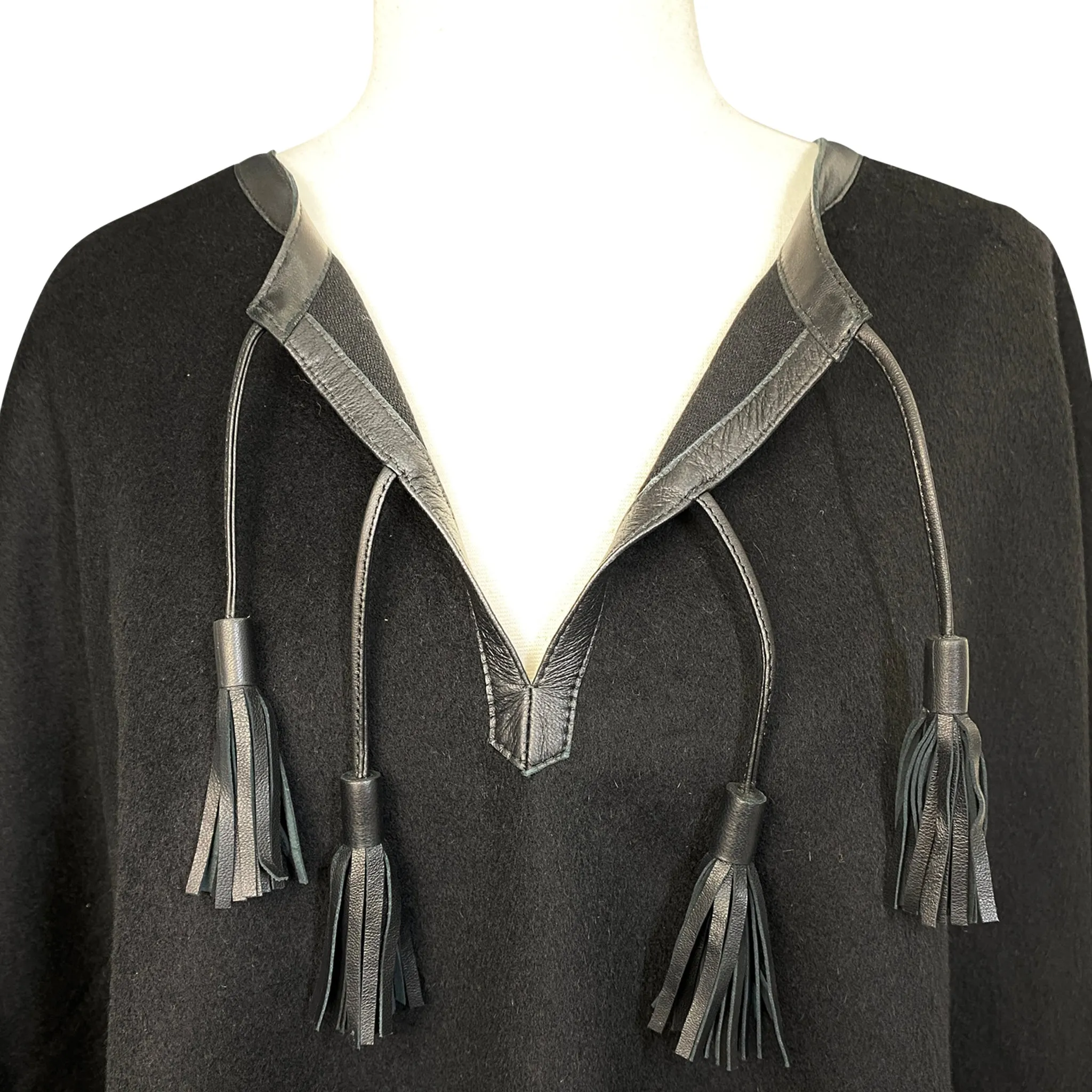 Stick & Ball Tassel Alpaca Poncho in Black - One Size