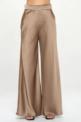 STRETCH SATIN ELASTIC WAIST POCKETS PANTS