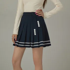 Stripe Button Pleated Sporty Mini Skirt