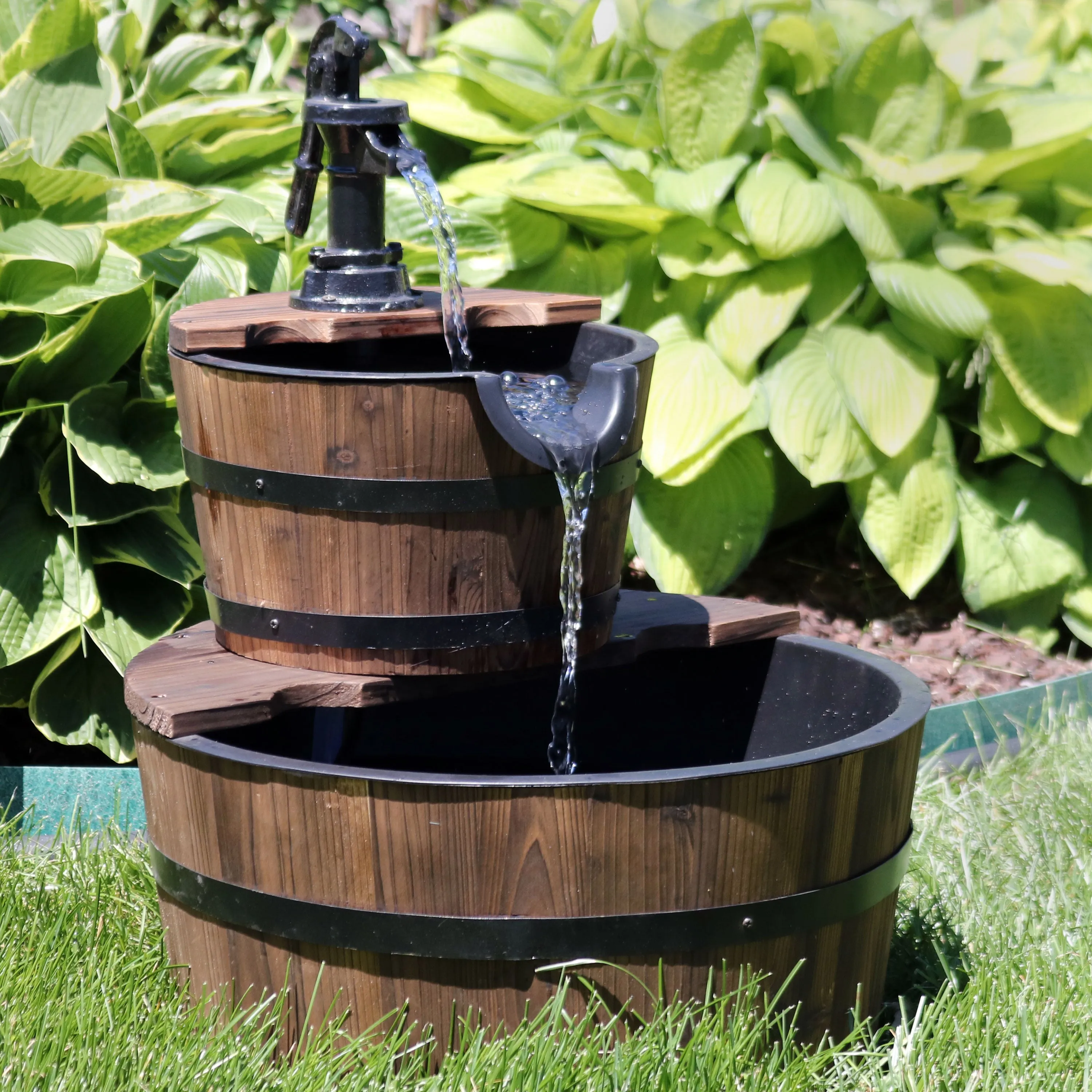 Sunnydaze Country 2-Tier Wood Barrel Water Fountain with Hand Pump