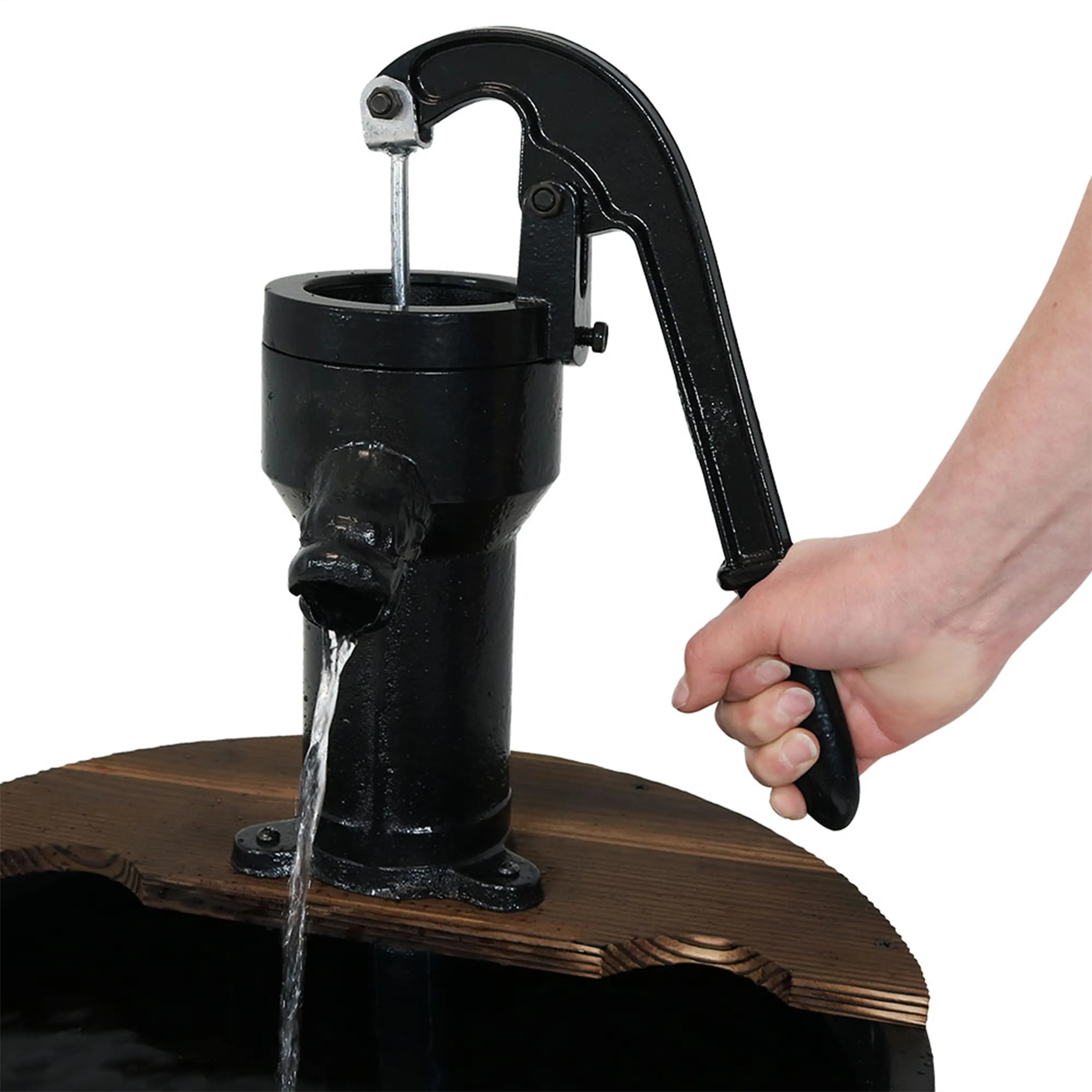 Sunnydaze Country 2-Tier Wood Barrel Water Fountain with Hand Pump