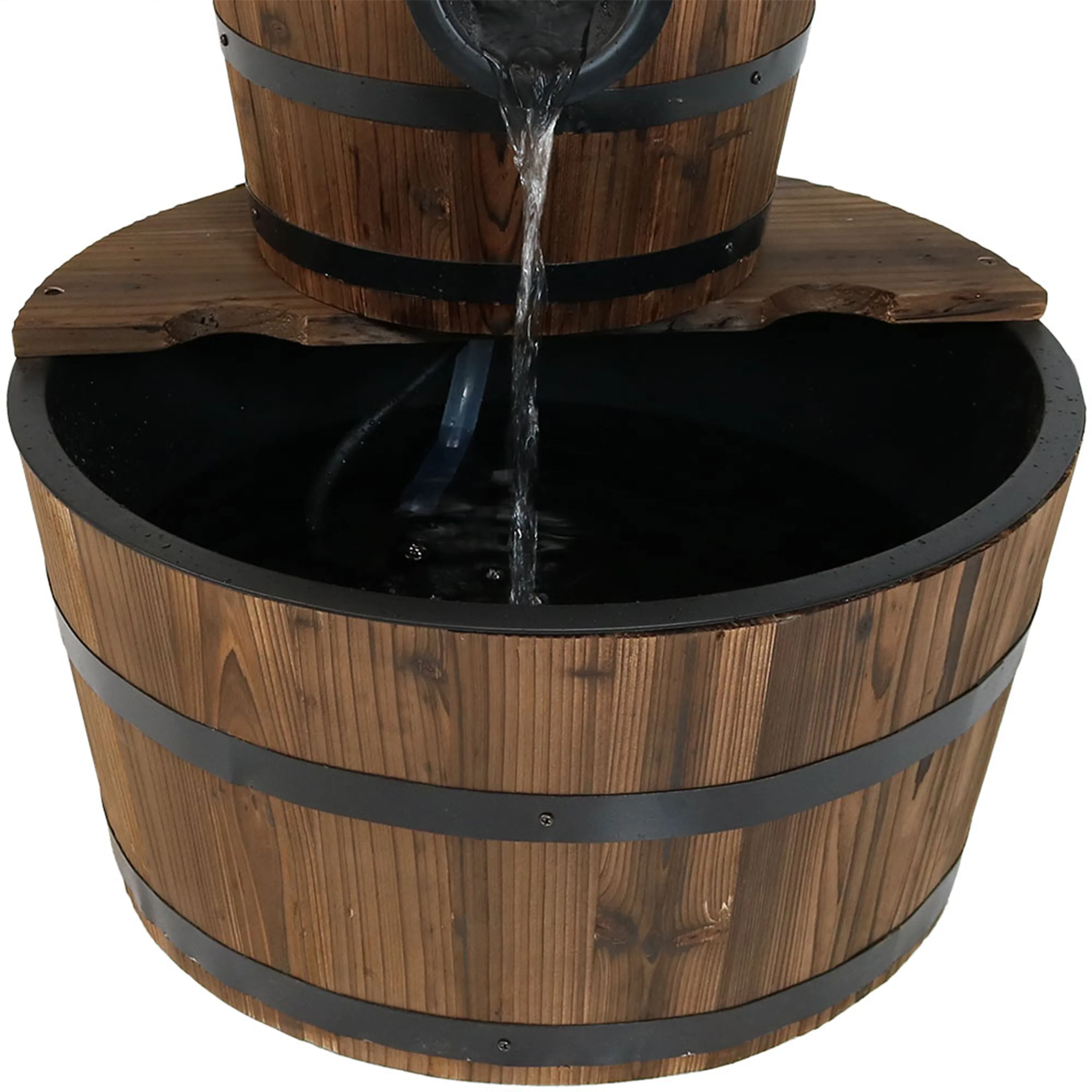 Sunnydaze Country 2-Tier Wood Barrel Water Fountain with Hand Pump