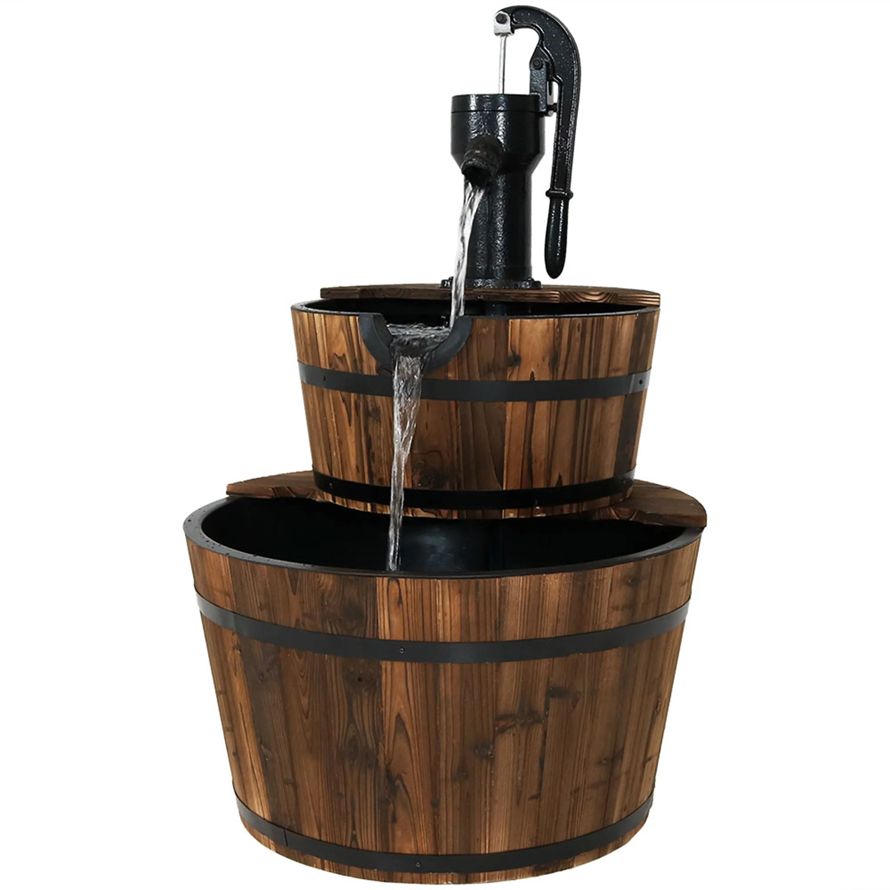 Sunnydaze Country 2-Tier Wood Barrel Water Fountain with Hand Pump