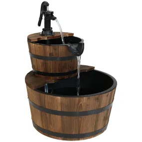 Sunnydaze Country 2-Tier Wood Barrel Water Fountain with Hand Pump