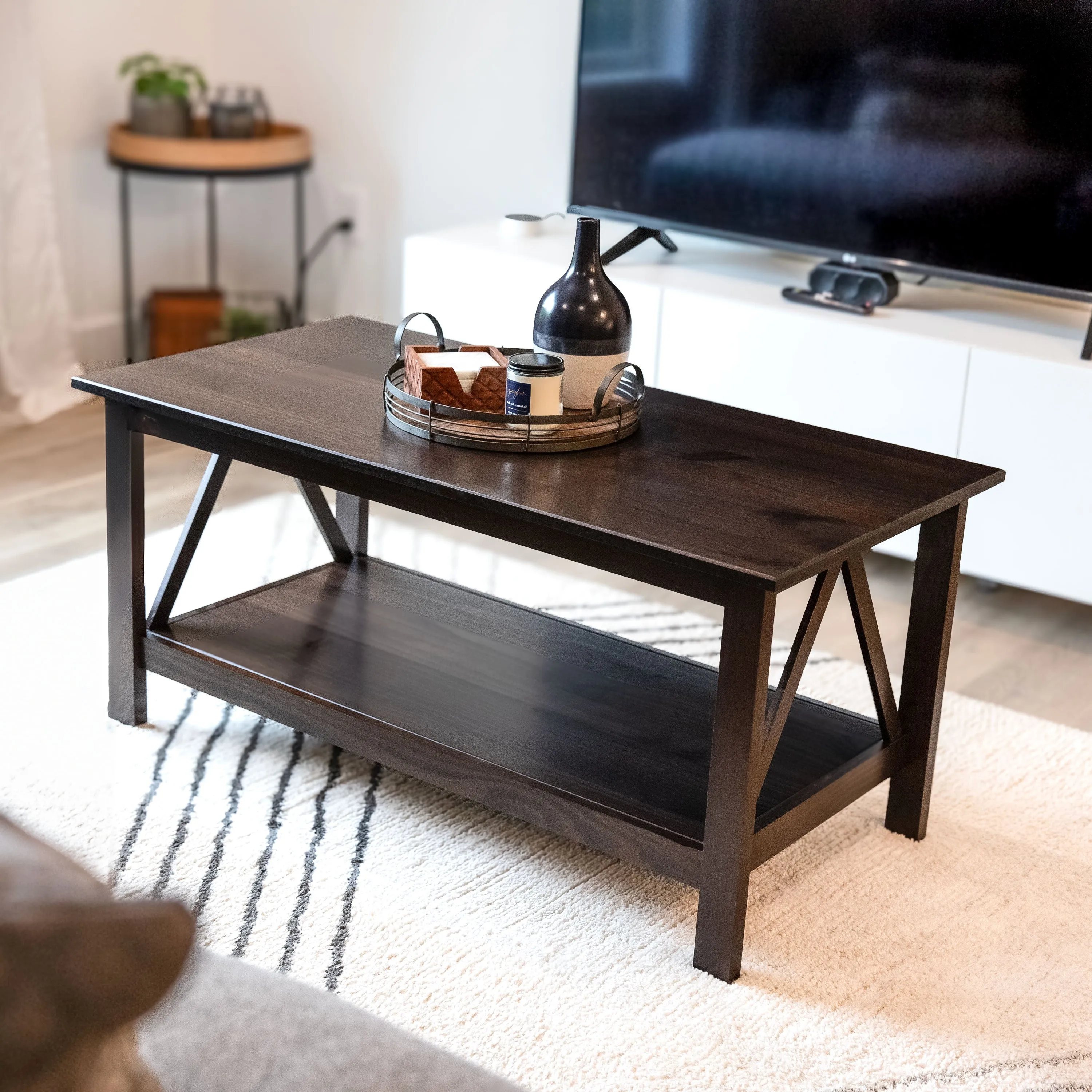 Sunnydaze Dark Wood Coffee Table with Storage Shelf - Dark Brown - 43.5 in