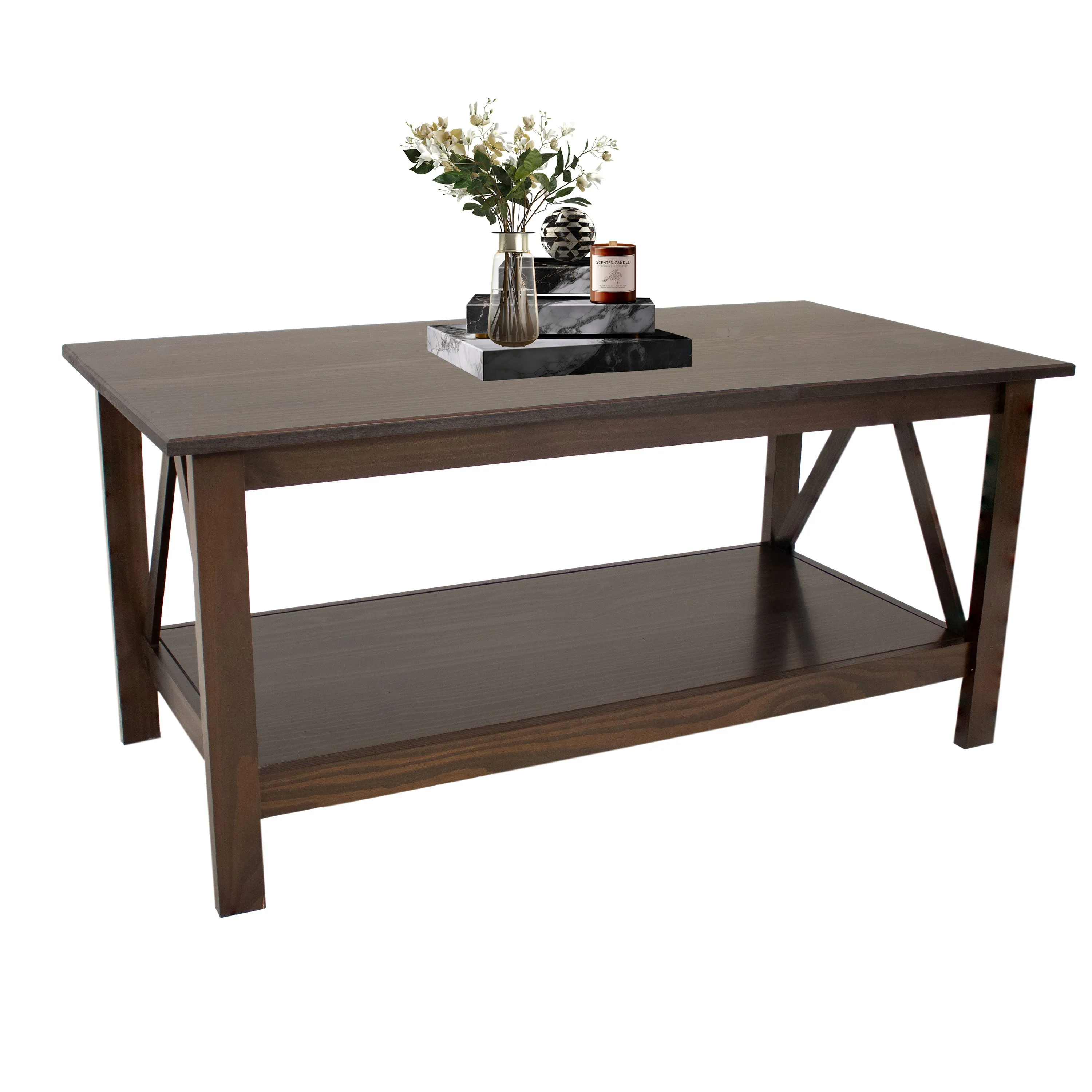 Sunnydaze Dark Wood Coffee Table with Storage Shelf - Dark Brown - 43.5 in