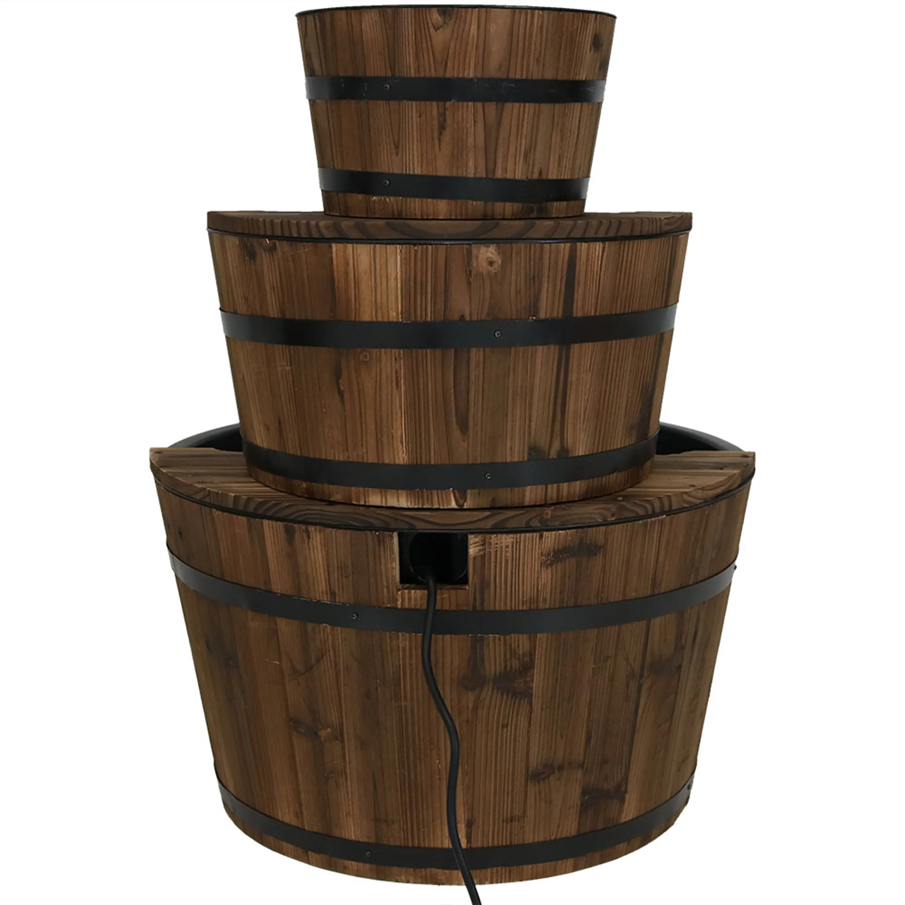 Sunnydaze Rustic 3-Tier Wood Barrel Water Fountain - 30" H