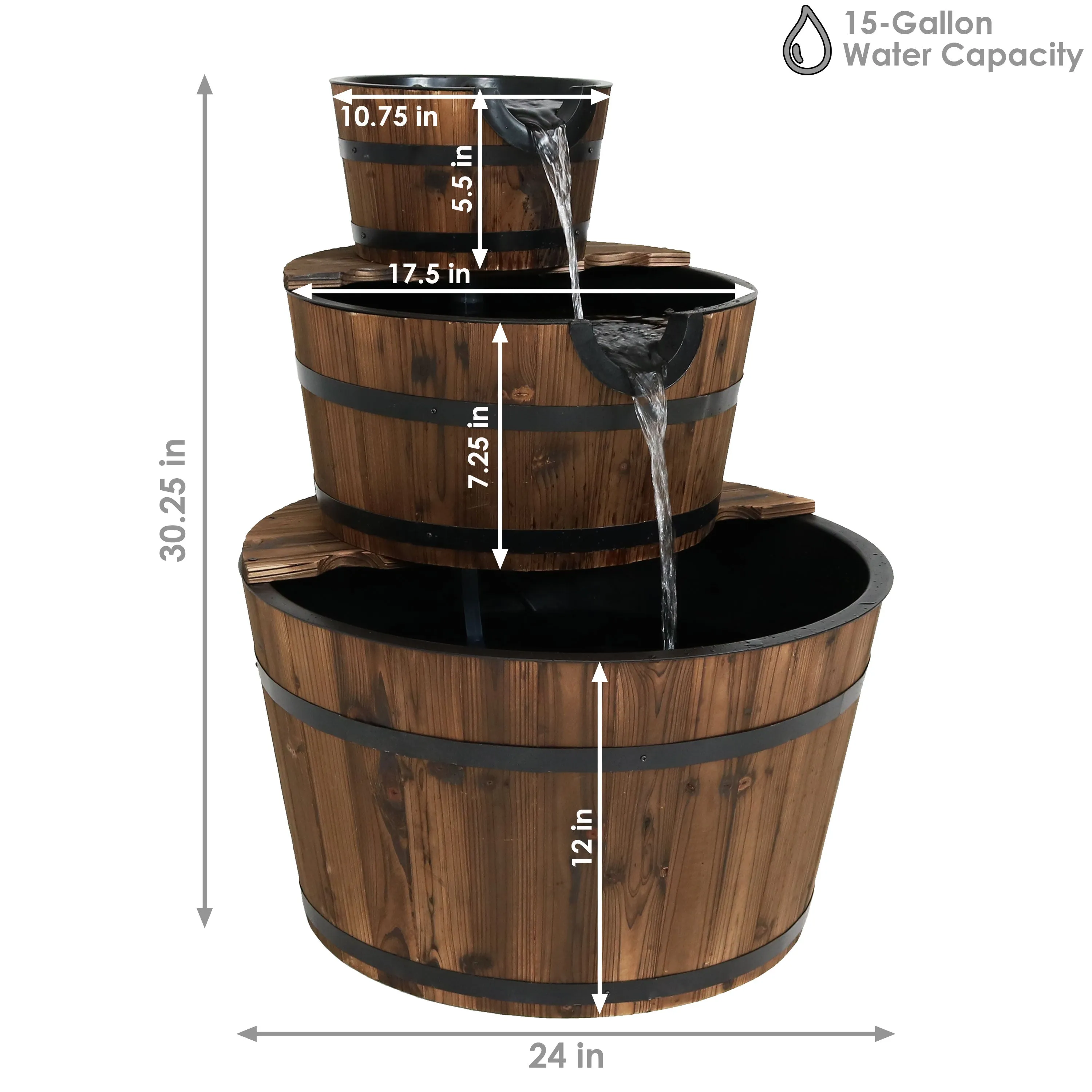 Sunnydaze Rustic 3-Tier Wood Barrel Water Fountain - 30" H