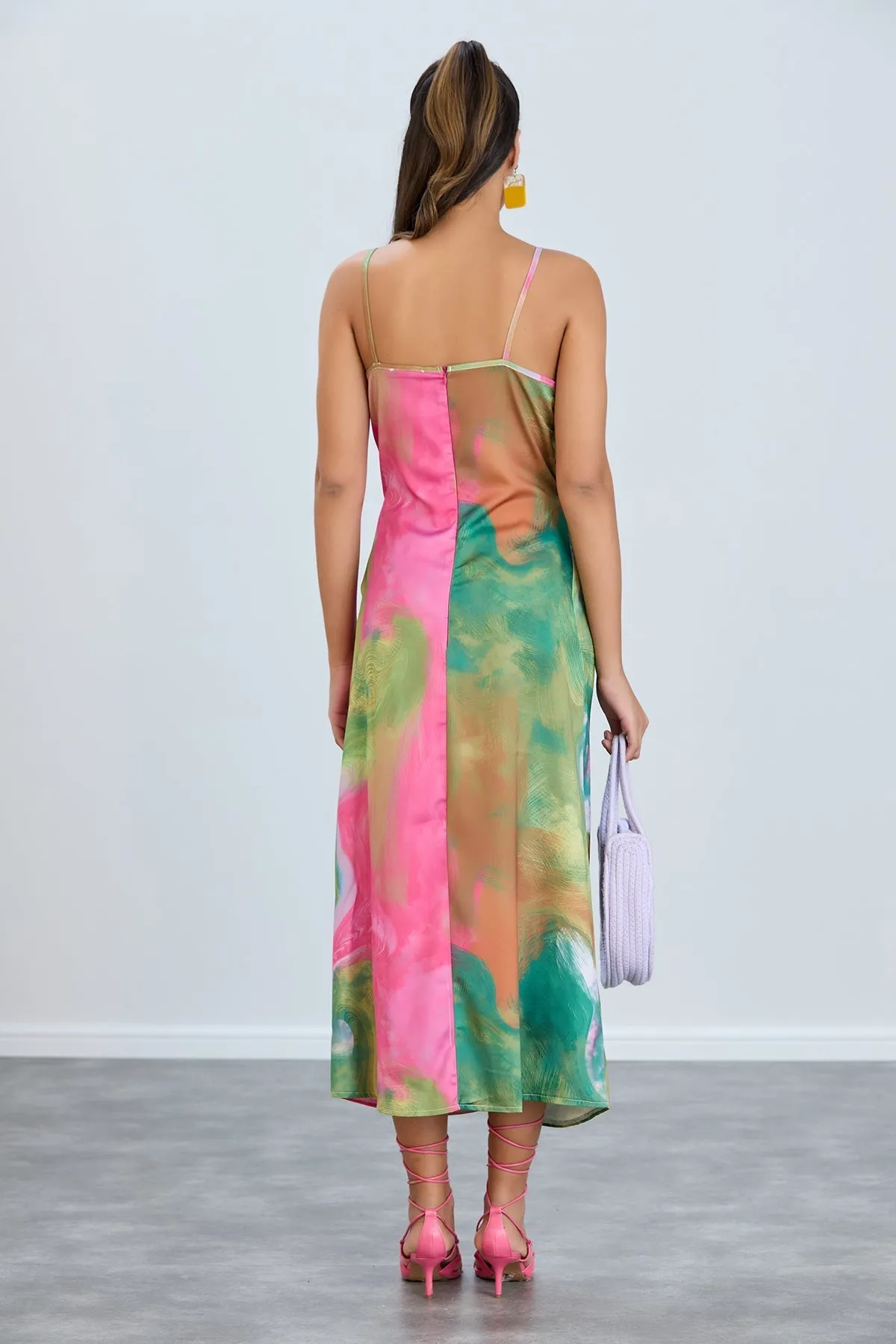 Twist Satin Slip Cami Midi Dress in Ocean Fuchsia print