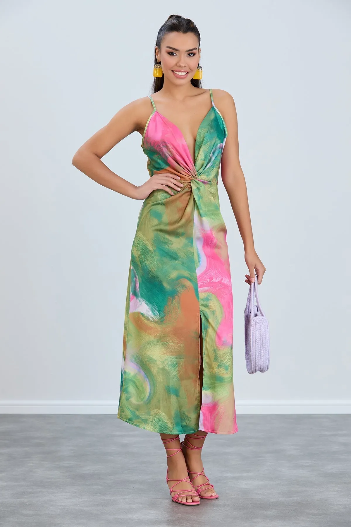 Twist Satin Slip Cami Midi Dress in Ocean Fuchsia print