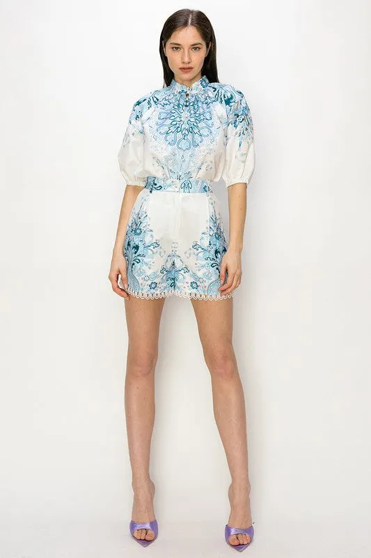 White/Blue Short Puff Sleeve Paisley Print Top & Short Pants