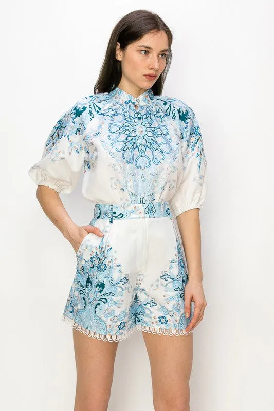 White/Blue Short Puff Sleeve Paisley Print Top & Short Pants