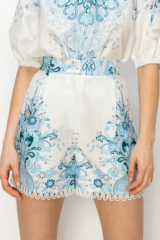 White/Blue Short Puff Sleeve Paisley Print Top & Short Pants