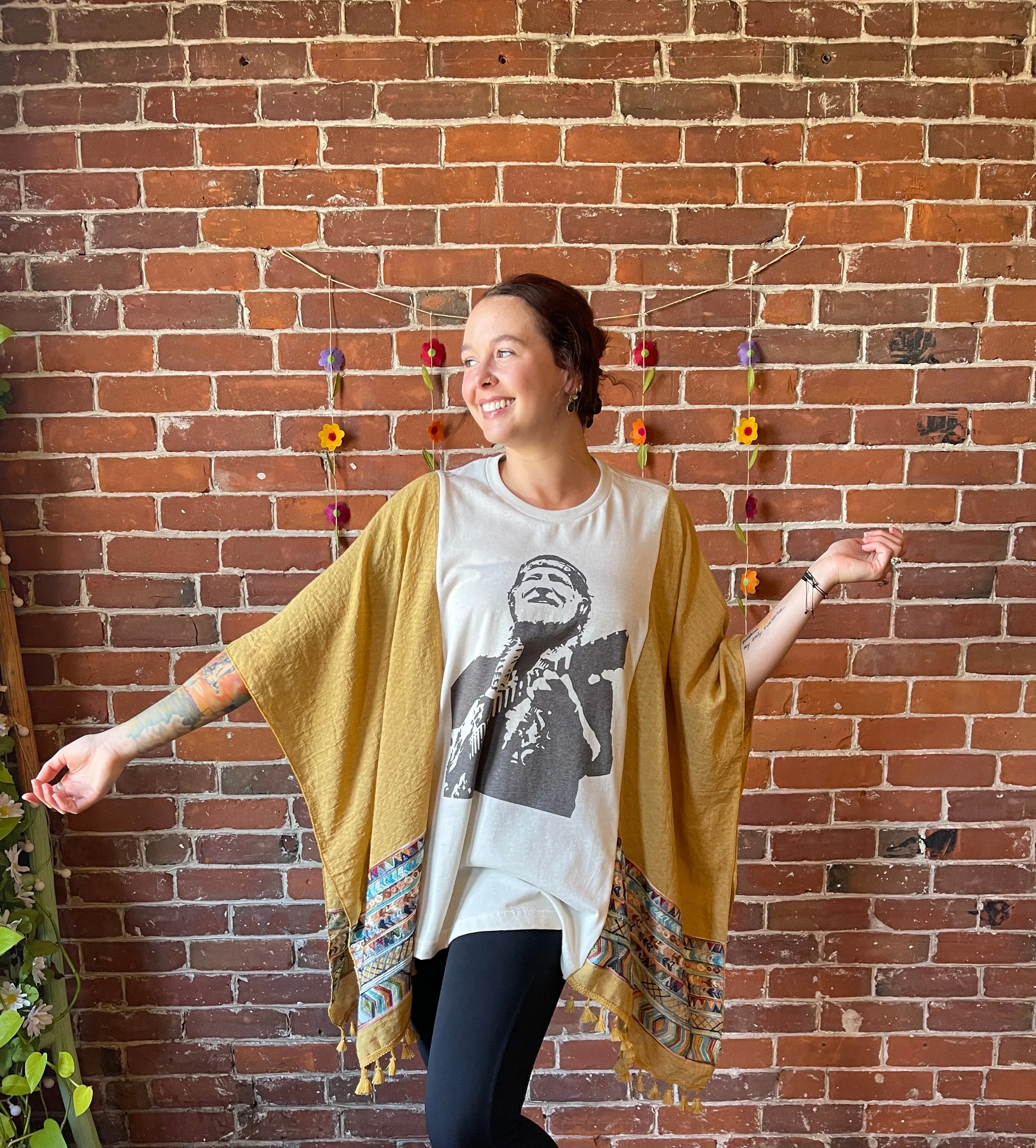 Willie Nelson Inspired Golden Yellow Tassel Embroidered Poncho