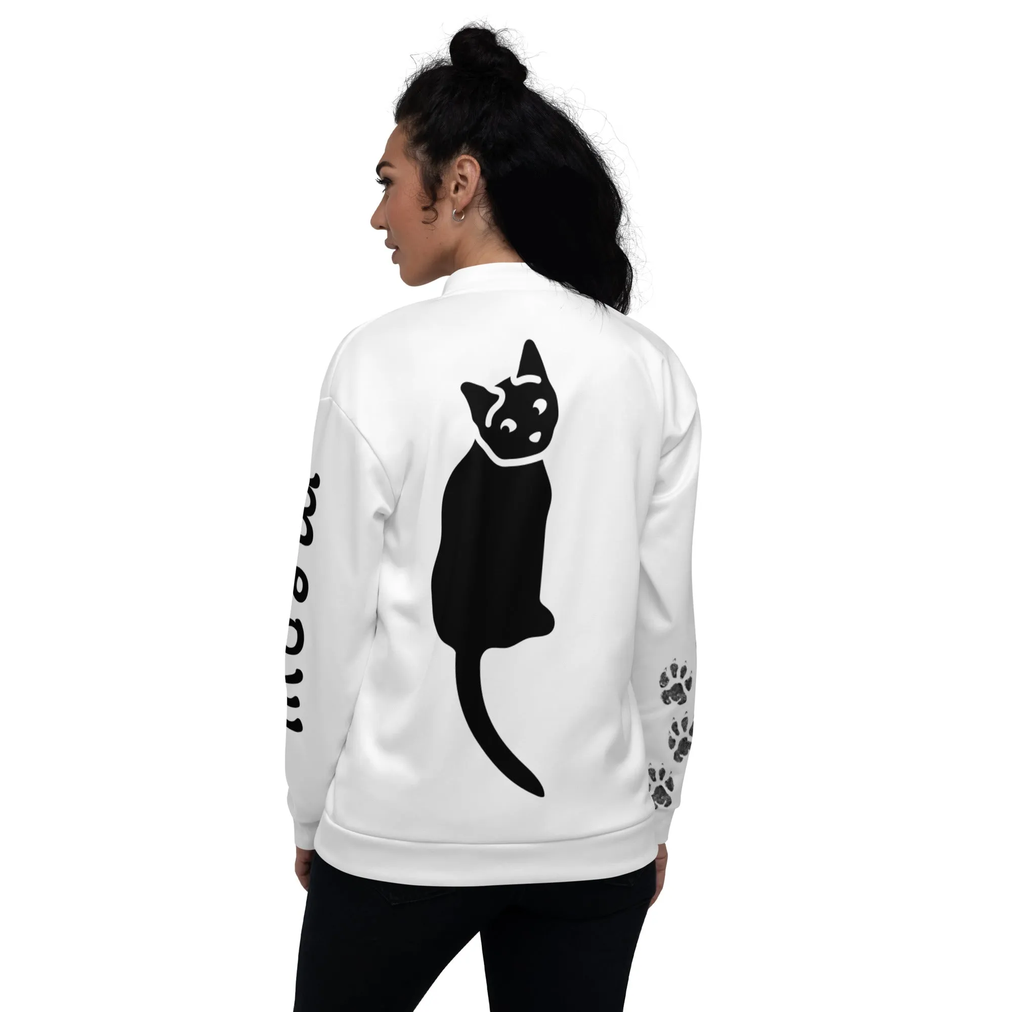 Women Bomber Jacket With Pockets Zipper Premium Quality Cat Silhouette Meow Design by IOBI Original Apparel