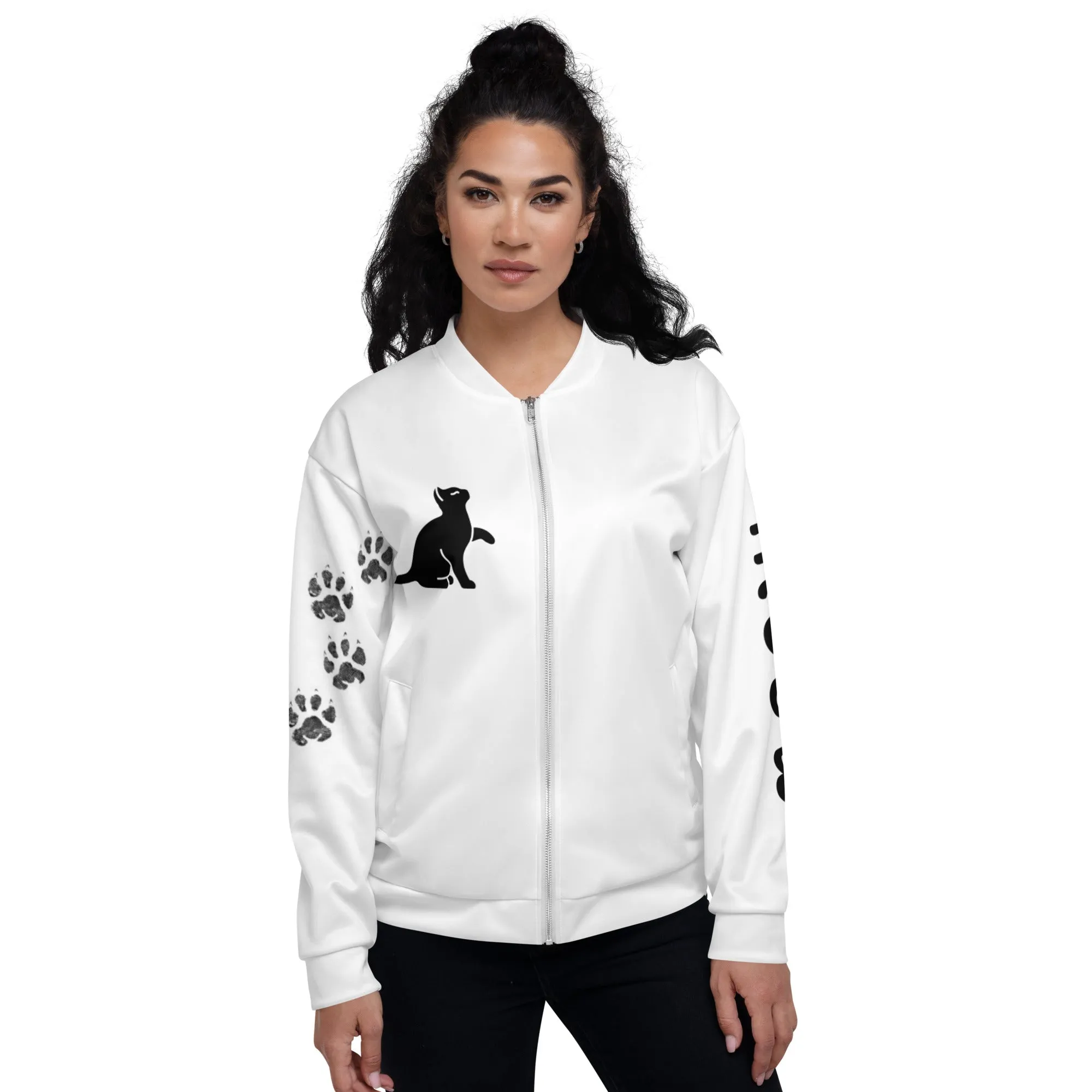 Women Bomber Jacket With Pockets Zipper Premium Quality Cat Silhouette Meow Design by IOBI Original Apparel