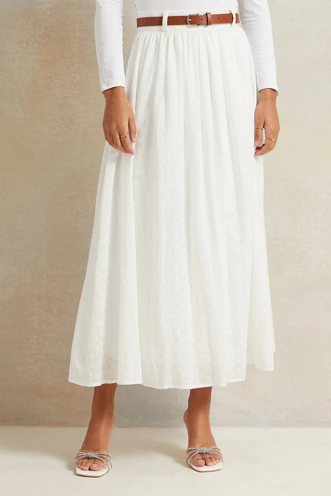 Women White Belted Long Skirt