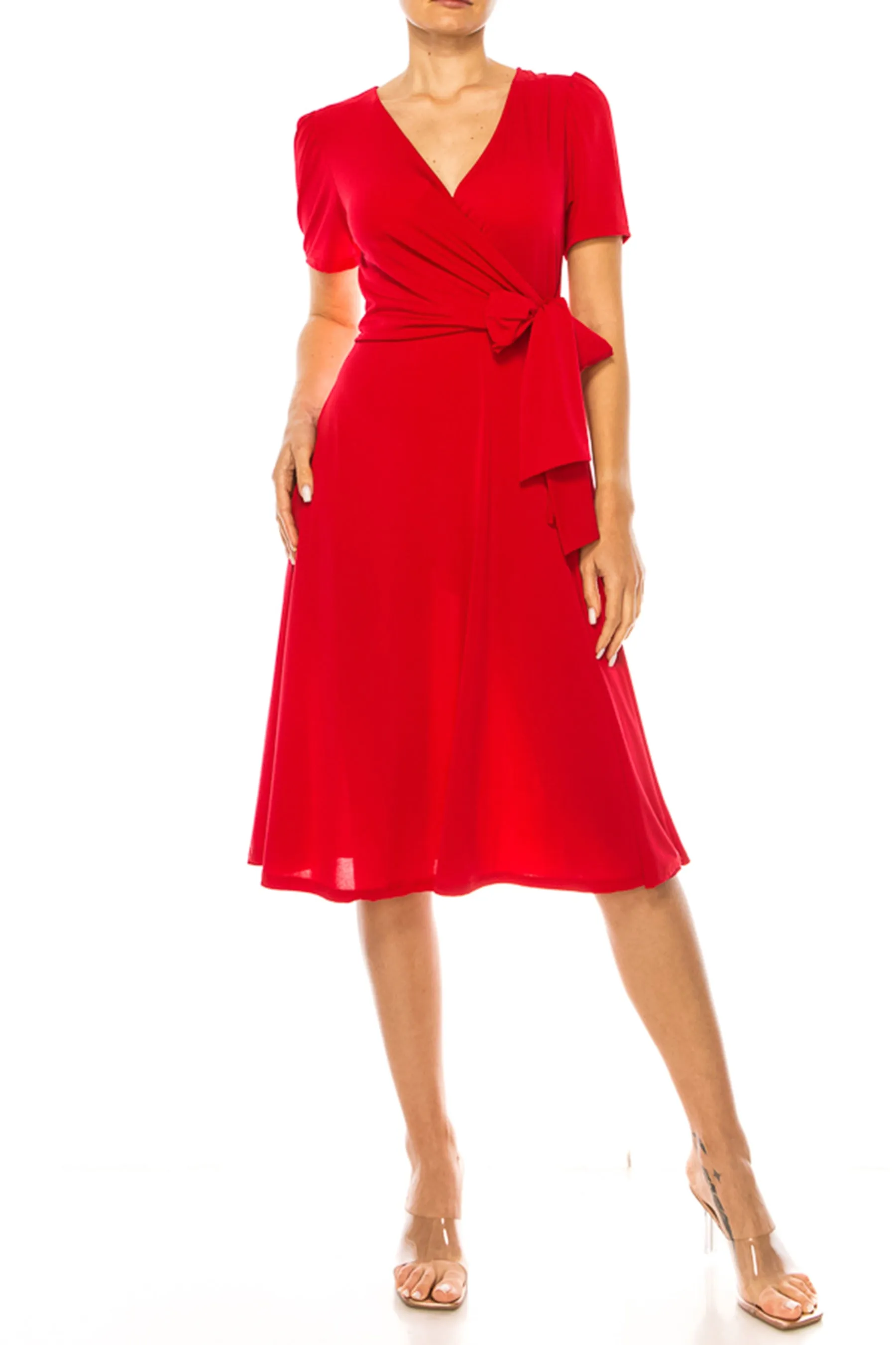 Women's Stylish Solid Faux Wrap Dress with Deep V-Neck S-3XL