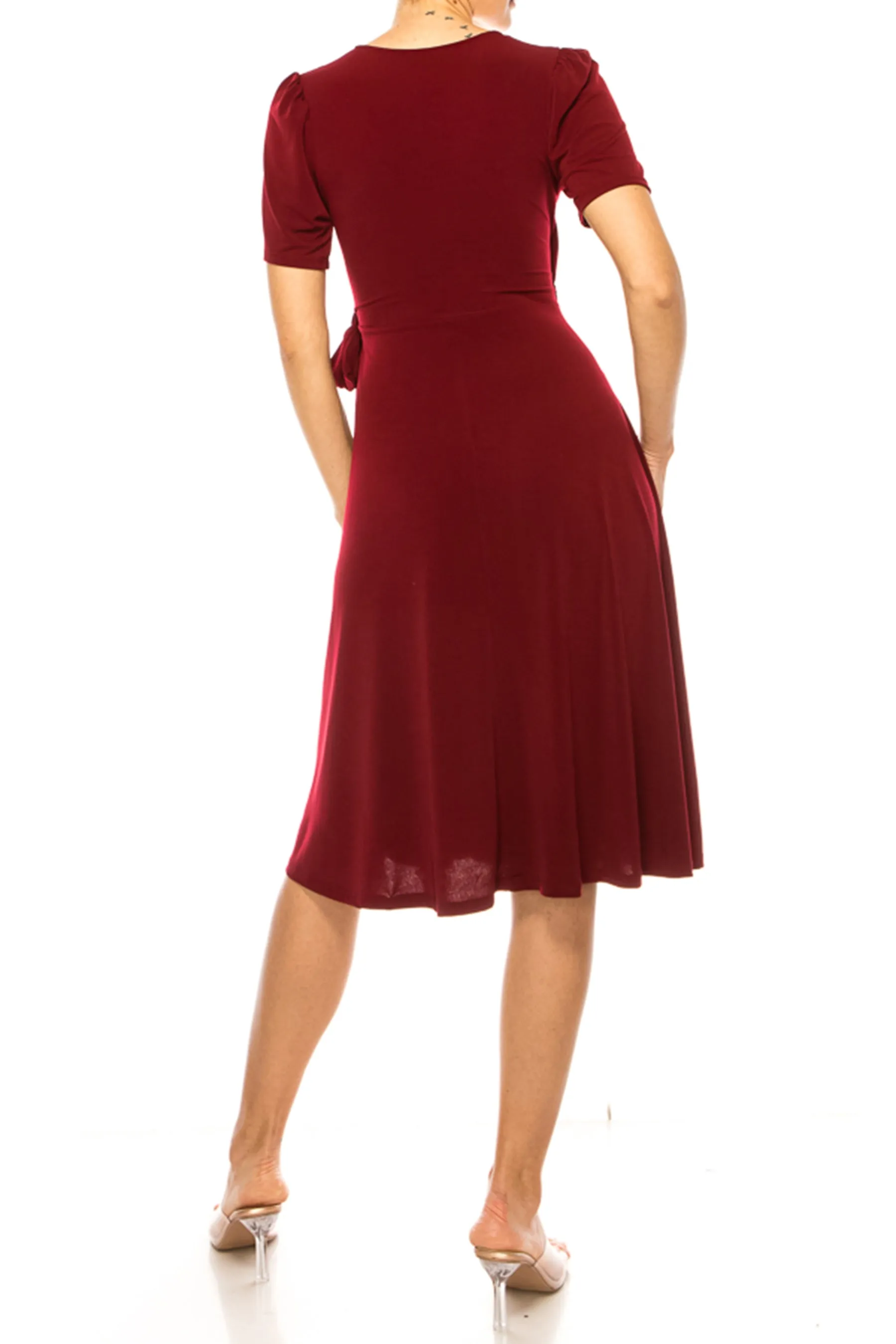 Women's Stylish Solid Faux Wrap Dress with Deep V-Neck S-3XL