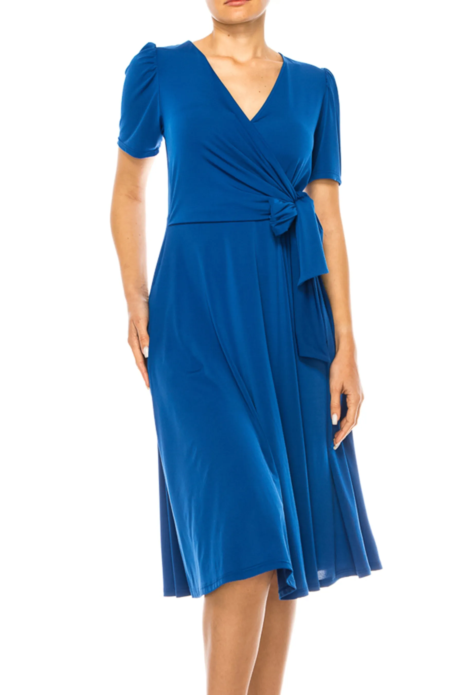 Women's Stylish Solid Faux Wrap Dress with Deep V-Neck S-3XL