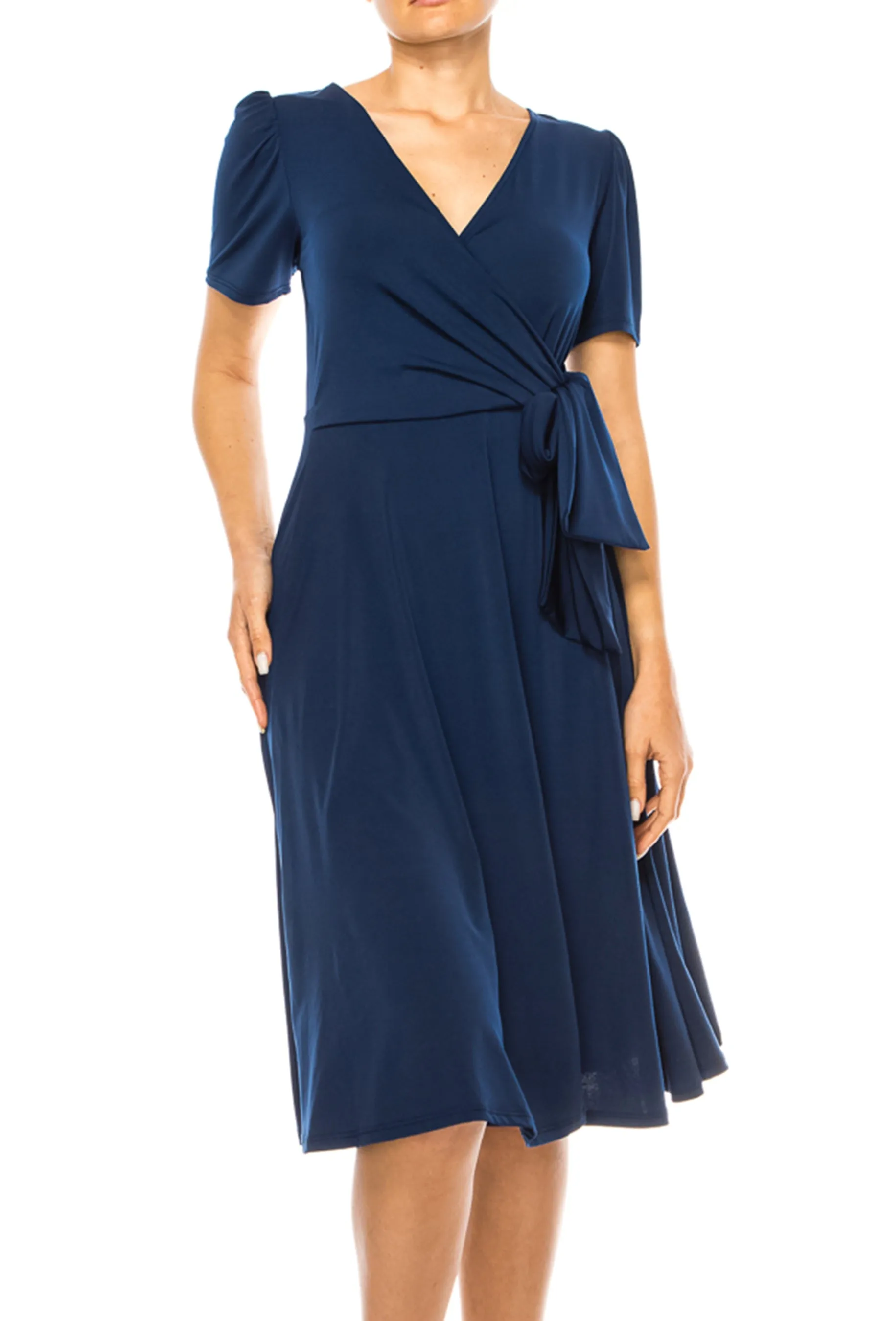 Women's Stylish Solid Faux Wrap Dress with Deep V-Neck S-3XL