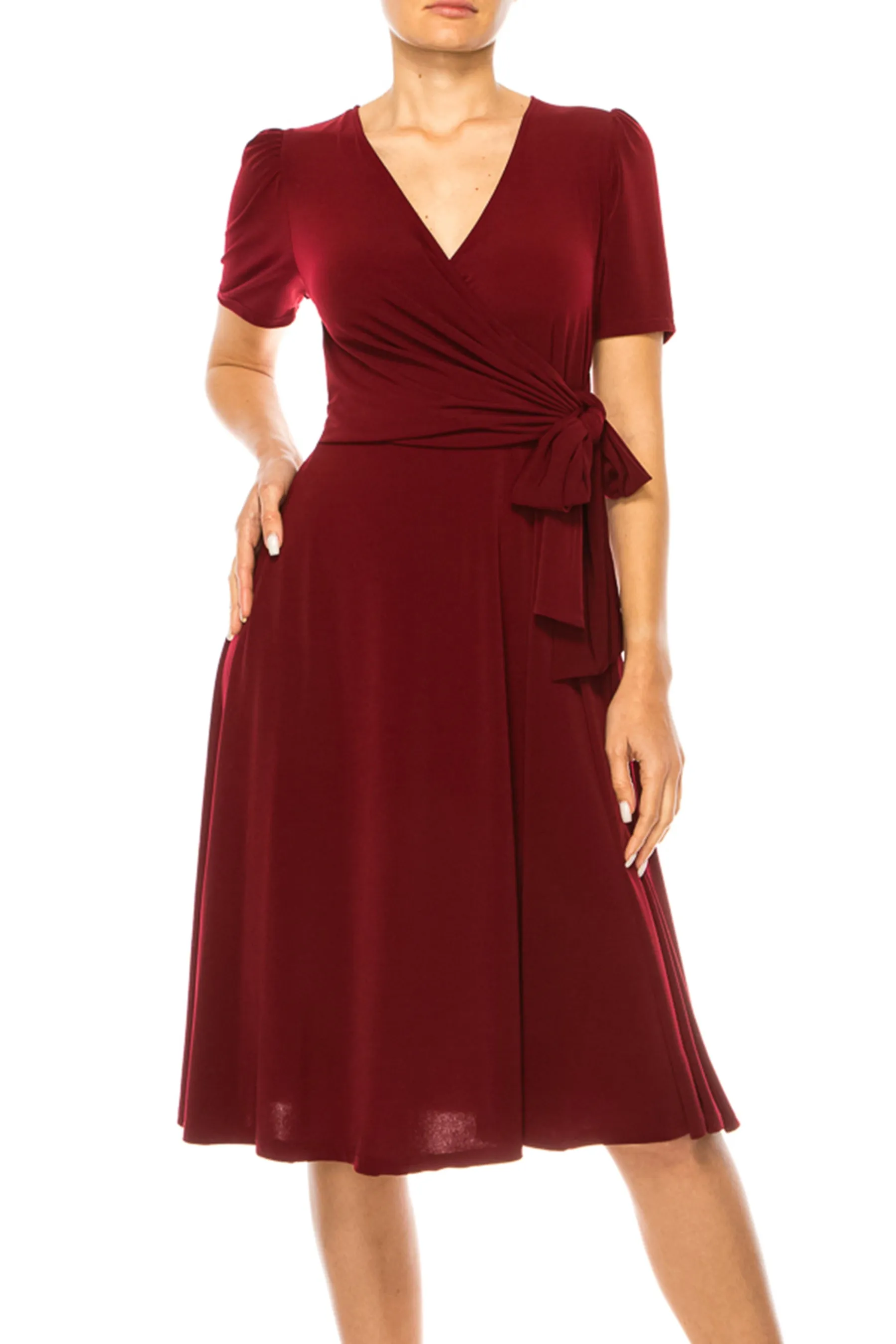 Women's Stylish Solid Faux Wrap Dress with Deep V-Neck S-3XL