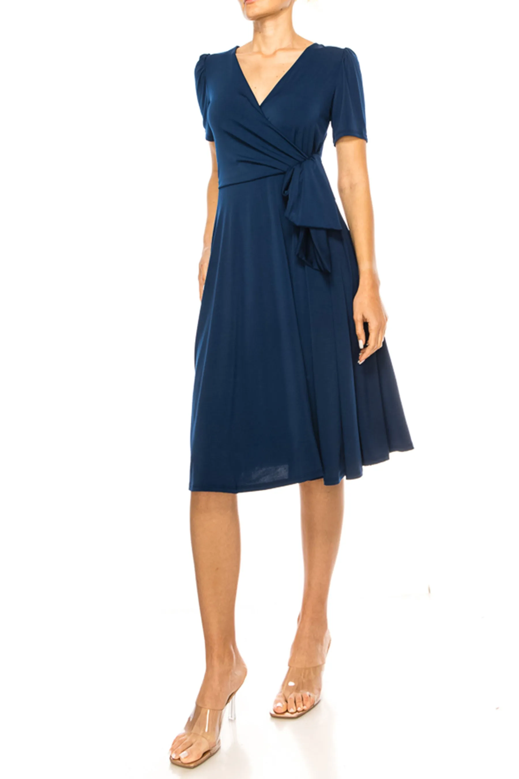 Women's Stylish Solid Faux Wrap Dress with Deep V-Neck S-3XL