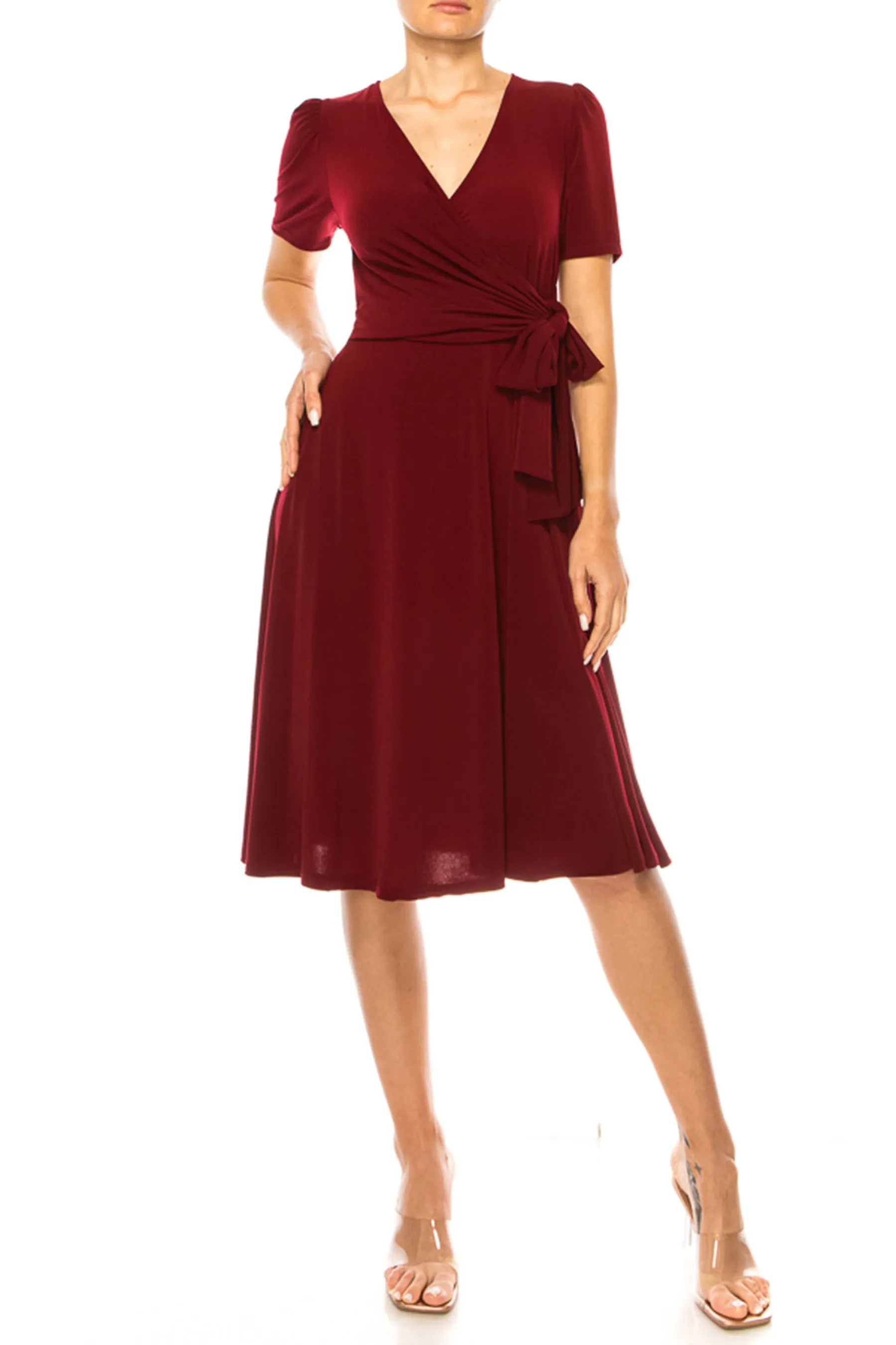 Women's Stylish Solid Faux Wrap Dress with Deep V-Neck S-3XL