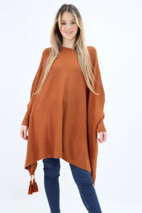 Womens Tassel Poncho Round Neck Knitted Jumper Top