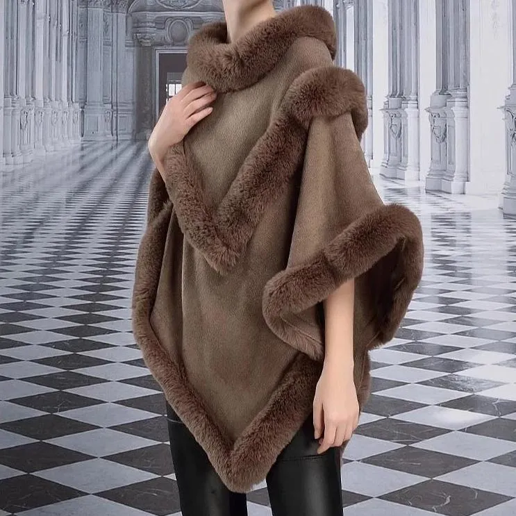 Women's Winter Casual Thick Loose Poncho With Faux Rabbit Fur