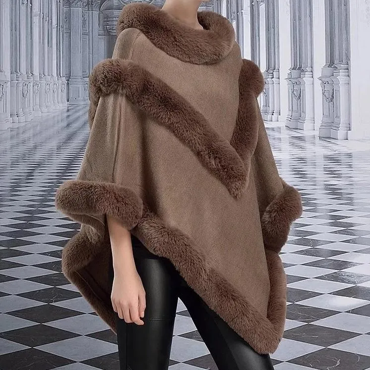 Women's Winter Casual Thick Loose Poncho With Faux Rabbit Fur