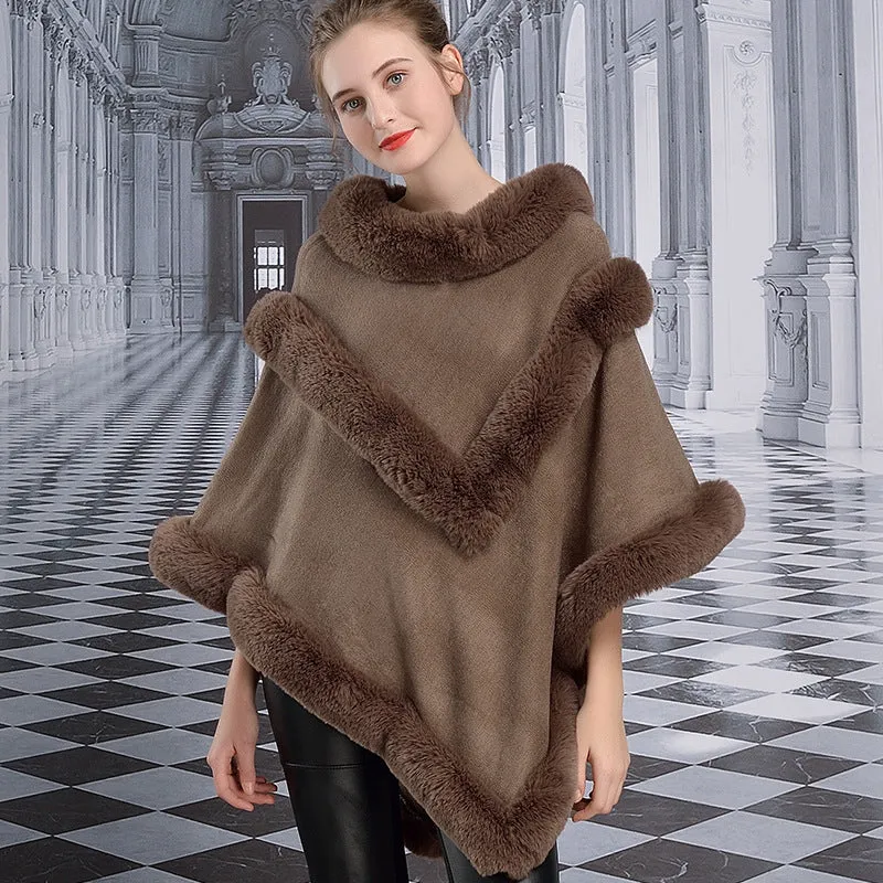 Women's Winter Casual Thick Loose Poncho With Faux Rabbit Fur